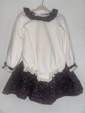 White Long-Sleeve Baby Dress with Floral Skirt